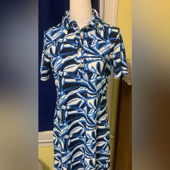 Modern Peck&Peck Dress M Graphic Shirt Shift Casual Blue Black White Collar - Picture 2 of 14